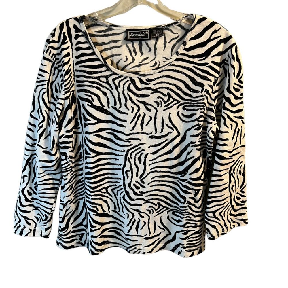 Nostalgia, Zebra Print Pattern, Black White Top w Sequins, XL